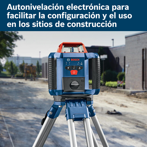 Nivel láser autonivelante electrónico Bosch, con controles visibles y trípode, en una obra.