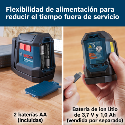 Nivel láser profesional Bosch GLL50-20G, con 2 pilas AA incluidas y una batería de iones de litio de 3,7 V 1,0 Ah (se vende por separado).