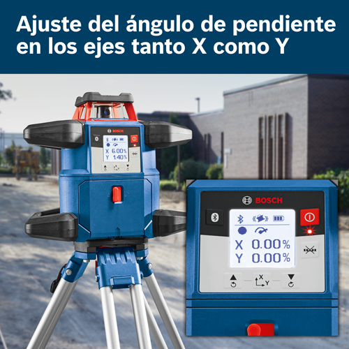Nivel Bosch con "Ajuste del ángulo de inclinación en los ejes X e Y", con lecturas X 6,00%, Y 1,40% y X 0,00%, Y 0,00%.