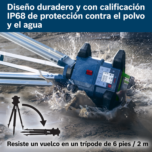 Diseño duradero y clasificación IP68 para protección contra polvo y agua. Resiste una caída de trípode de 6 pies / 2 m.