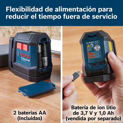 Nivel láser profesional Bosch GLL50-20G, con 2 pilas AA incluidas y una batería de iones de litio de 3,7 V 1,0 Ah (se vende por separado).