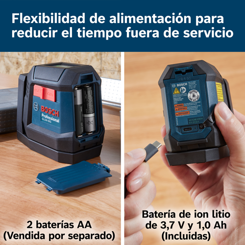 Nivel láser profesional Bosch GLL50-20G, con 2 pilas AA incluidas y una batería de iones de litio de 3,7 V 1,0 Ah (se vende por separado).