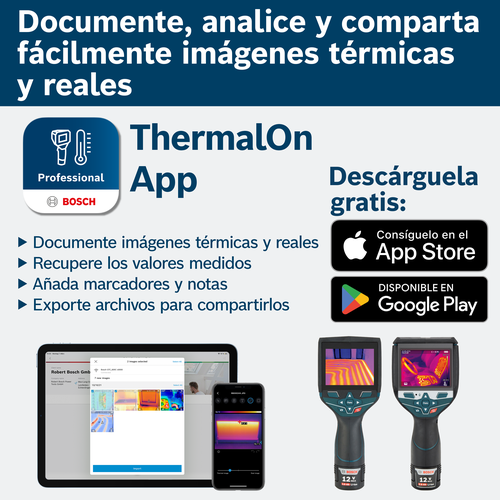 Anuncio de la aplicación Bosch ThermalOn: Descárguela gratis. Incluye la aplicación de imágenes térmicas y cámaras térmicas con baterías "12 V MAX" y "2.0 Ah Li-Ion". También muestra los enlaces de descarga para App Store y Google Play.