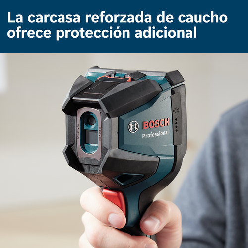 Cámara termográfica Bosch Professional en manos de una persona, con el texto "Carcasa de goma reforzada que ofrece protección adicional" arriba.
