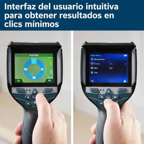 Interfaz de usuario intuitiva para resultados con el mínimo de clics. Dos manos sosteniendo lo que parece ser una cámara termográfica, mostrando pantallas con diferentes configuraciones, incluyendo "Automático", "Menú principal", "Pantalla" y "WiFi".