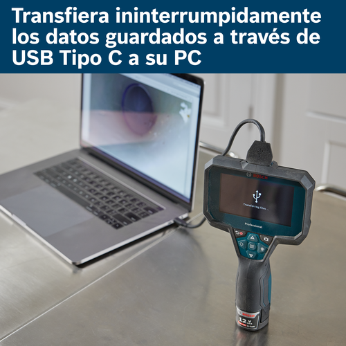 Dispositivo Bosch conectado a portátil mediante USB Tipo C transfiriendo archivos.