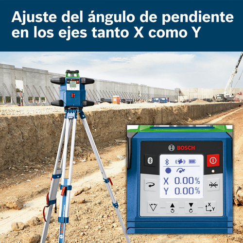 Nivel Bosch con "Ajuste del ángulo de inclinación en los ejes X e Y", muestra X 0,00 %, Y 0,00 % y un botón de encendido.