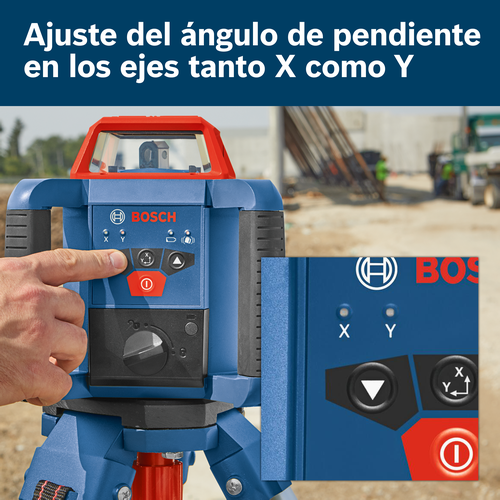 Nivel Bosch con texto "Ajuste del ángulo de inclinación en los ejes X e Y", botones con indicadores X e Y y un botón de encendido/apagado.