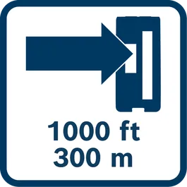 Icono positivo de herramientas de medición para web: Rango de trabajo de 1000 ft (300 m) con receptor