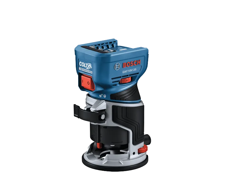 Bosch COLT GKF18V-25 fresadora a batería con motor sin escobillas, con interruptor de encendido y control de velocidad.