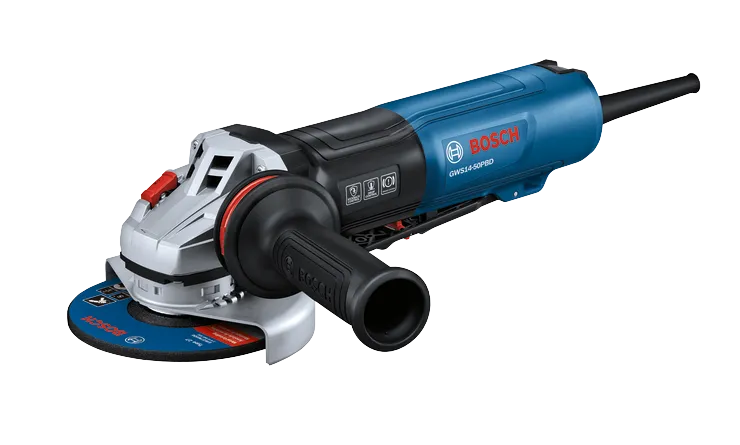 Amoladora angular Bosch GWS14-50PBD con iconos "KICKBACK CONTROL", "DROP CONTROL" y "BRAKE SYSTEM".