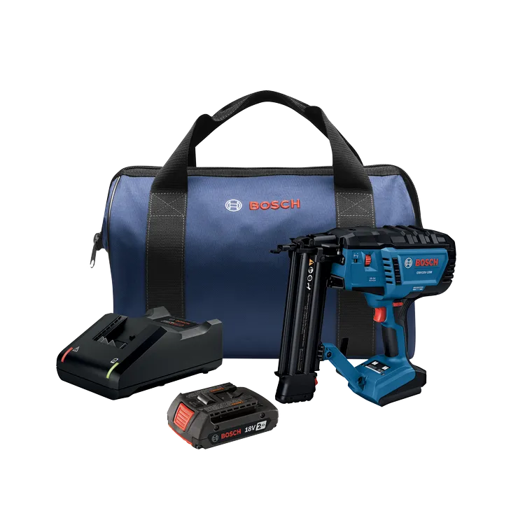Conjunto clavadora Bosch GNH18V-18M, que incluye una bolsa azul con el logotipo de Bosch, un cargador y una batería.
