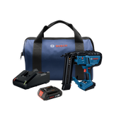 Conjunto clavadora Bosch GNH18V-18M, que incluye una bolsa azul con el logotipo de Bosch, un cargador y una batería.