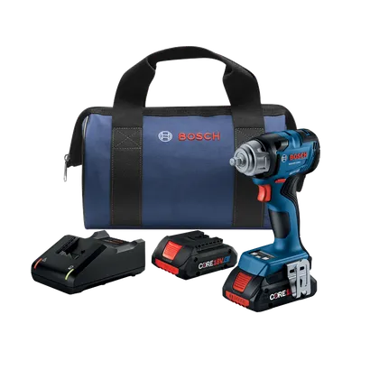 Llave de impacto Bosch GDS18V-230C, batería CORE18V 4.0Ah, cargador y bolsa de transporte azul.