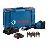 Kit de herramientas Bosch GPT18V-32 con cargador, batería CORE18V y matrices CUSS 1", 3/4", 1/2", en maletín.