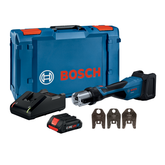Kit de herramientas Bosch GPT18V-32 con cargador, batería CORE18V y matrices CUSS 1", 3/4", 1/2", en maletín.