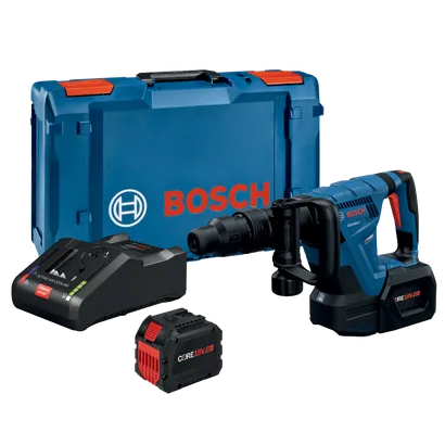 Bosch GSH18V-5 Taladro percutor Turbo Brushless con baterías CORE18V, cargador y maletín azul con la inscripción "BOSCH".