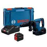 Bosch GSH18V-5 Taladro percutor Turbo Brushless con baterías CORE18V, cargador y maletín azul con la inscripción "BOSCH".