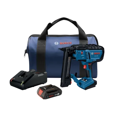 Juego de clavadora Bosch GTH18V-18M, que incluye batería de 18V 2Ah, cargador y bolsa azul.
