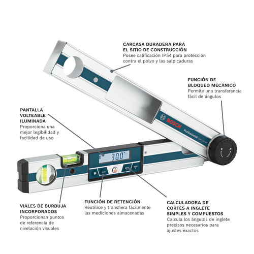 Bosch Professional GAM 220 MF, con PANTALLA VOLTEABLE ILUMINADA y VIALES DE BURBUJA INCORPORADOS, cuenta con FUNCIÓN DE BLOQUEO MECÁNICO, FUNCIÓN DE RETENCIÓN y CALCULADORA DE CORTES A INGLETE SIMPLES Y COMPUESTOS.