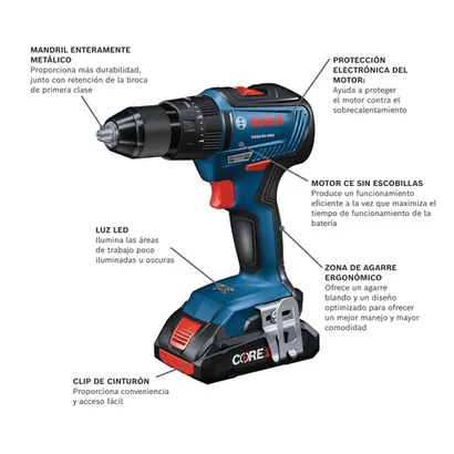 Modelo taladro percutor inalámbrico GSB18V-490B12 en vista panorámica.