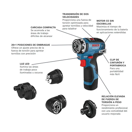 Modelo atornillador Bosch flexiclick GSR12V-300FCB22 en vista panorámica.