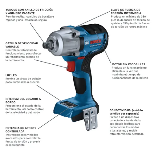 Modelo atornillador de impacto inalámbrico Bosch GDS18V-330PCN en vista panorámica.