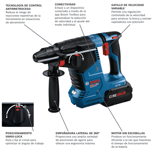 Modelo martillo rotatorio inalámbrico GBH18V-24CK24 en vista panorámica.