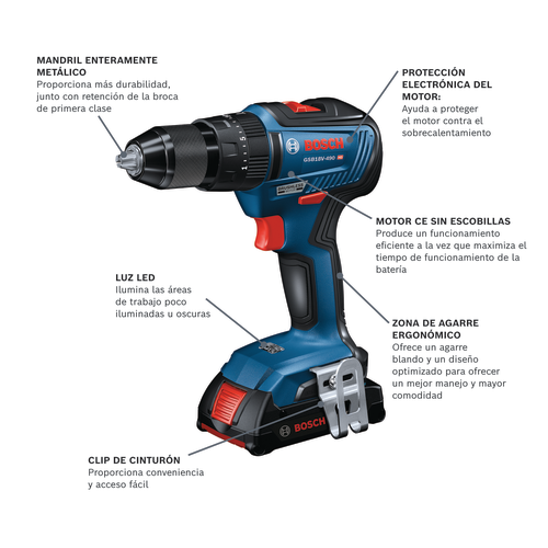 Taladro percutor inalámbrico modelo GSB18V-490 en vista panorámica.