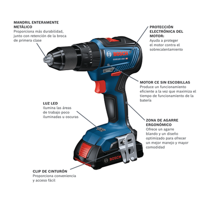 Taladro percutor inalámbrico modelo GSB18V-490 en vista panorámica.