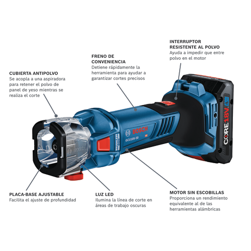 Herramienta de corte inalámbrica Bosch modelo GCU18V-30N en vista panorámica.