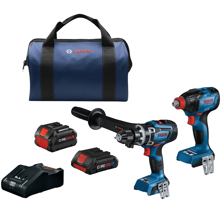 Artículos de la marca Bosch: una bolsa, dos taladros (GSB18V-1330C, GDX18V-1860C), baterías (CORE18V) y un cargador.