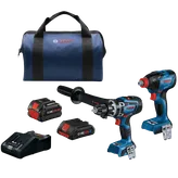 Artículos de la marca Bosch: una bolsa, dos taladros (GSB18V-1330C, GDX18V-1860C), baterías (CORE18V) y un cargador.