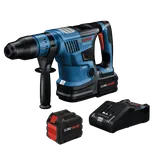Bosch GBH18V-36C martillo rotativo a batería, baterías CORE18V y cargador; con las marcas "TURBO BRUSHLESS", "Boschhammer", "CORE18V 12Ah" y "ACTIVE AIR COOLING".