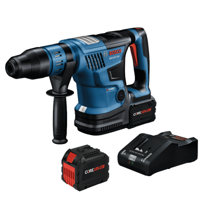 Bosch GBH18V-36C martillo rotativo a batería, baterías CORE18V y cargador; con las marcas "TURBO BRUSHLESS", "Boschhammer", "CORE18V 12Ah" y "ACTIVE AIR COOLING".