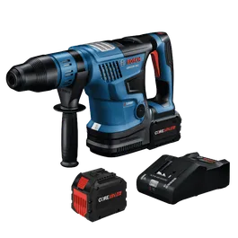 Bosch GBH18V-36C martillo rotativo a batería, baterías CORE18V y cargador; con las marcas "TURBO BRUSHLESS", "Boschhammer", "CORE18V 12Ah" y "ACTIVE AIR COOLING".