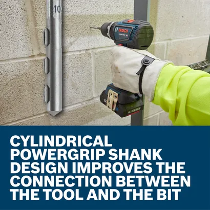 Bosch GSB18V-800C HD drill, taladrando una pared, con el texto "DISEÑO DE VÁSTAGO CYLINDRICAL POWERGRIP MEJORA LA CONEXIÓN ENTRE LA HERRAMIENTA Y LA BROCA".
