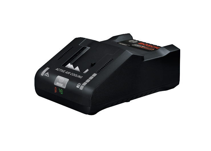 Cargador Bosch AMPShare con texto "TURBO" y "ACTIVE AIR COOLING", con luces indicadoras de alimentación y modo.