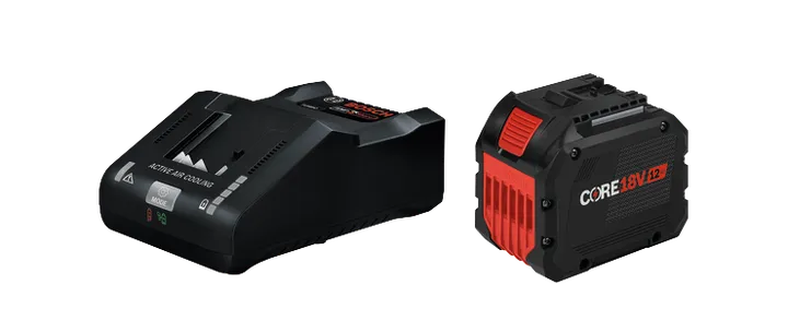 Cargador Bosch con 'ACTIVE AIR COOLING' y botones 'MODE', y batería CORE18V 12Ah.