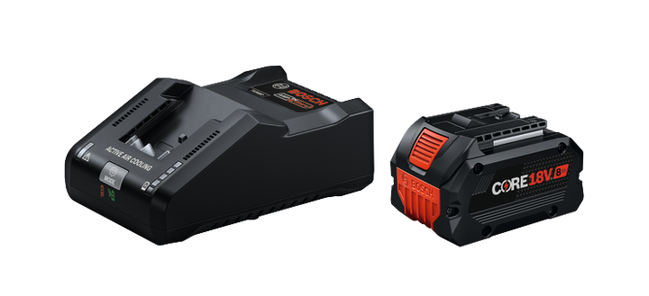 Turbocompresor Bosch con ACTIVE AIR COOLING y AMP Share, y una batería CORE18V 8Ah.