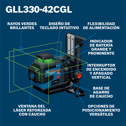 Bosch GLL330-42CGL green beam line laser model on walkaround view.