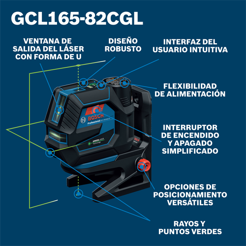 Bosch GCL165-82CGL green beam line laser model on walkaround view.