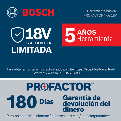 Insignia de garantía de 5 años para las baterías PROFACTOR de 18V de Bosch.