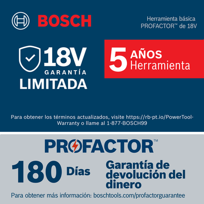 Insignia de garantía de 5 años para las baterías PROFACTOR de 18V de Bosch.