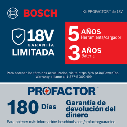 Insignia de garantía para las baterías PROFACTOR de 18V de Bosch, 5 años para las baterías y 3 años para las herramientas.
