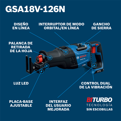 Bosch cordless reciprocating saw GSA18V-126N model product information ATF image.