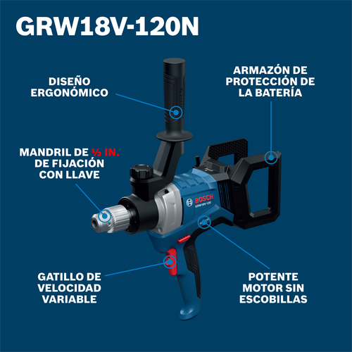Mezclador de lodo Bosch GRW18V-120N, imagen de información del producto para la sección visible.