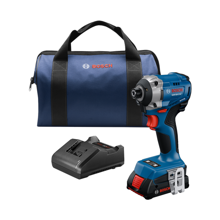Atornillador de impacto Bosch GDR18V-215, cargador y bolsa de transporte.