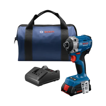 Atornillador de impacto Bosch GDR18V-215, cargador y bolsa de transporte.