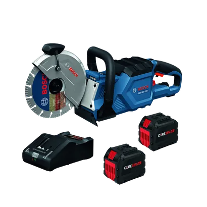 Sierra circular Bosch GCS18V-230 con baterías CORE18V y cargador.